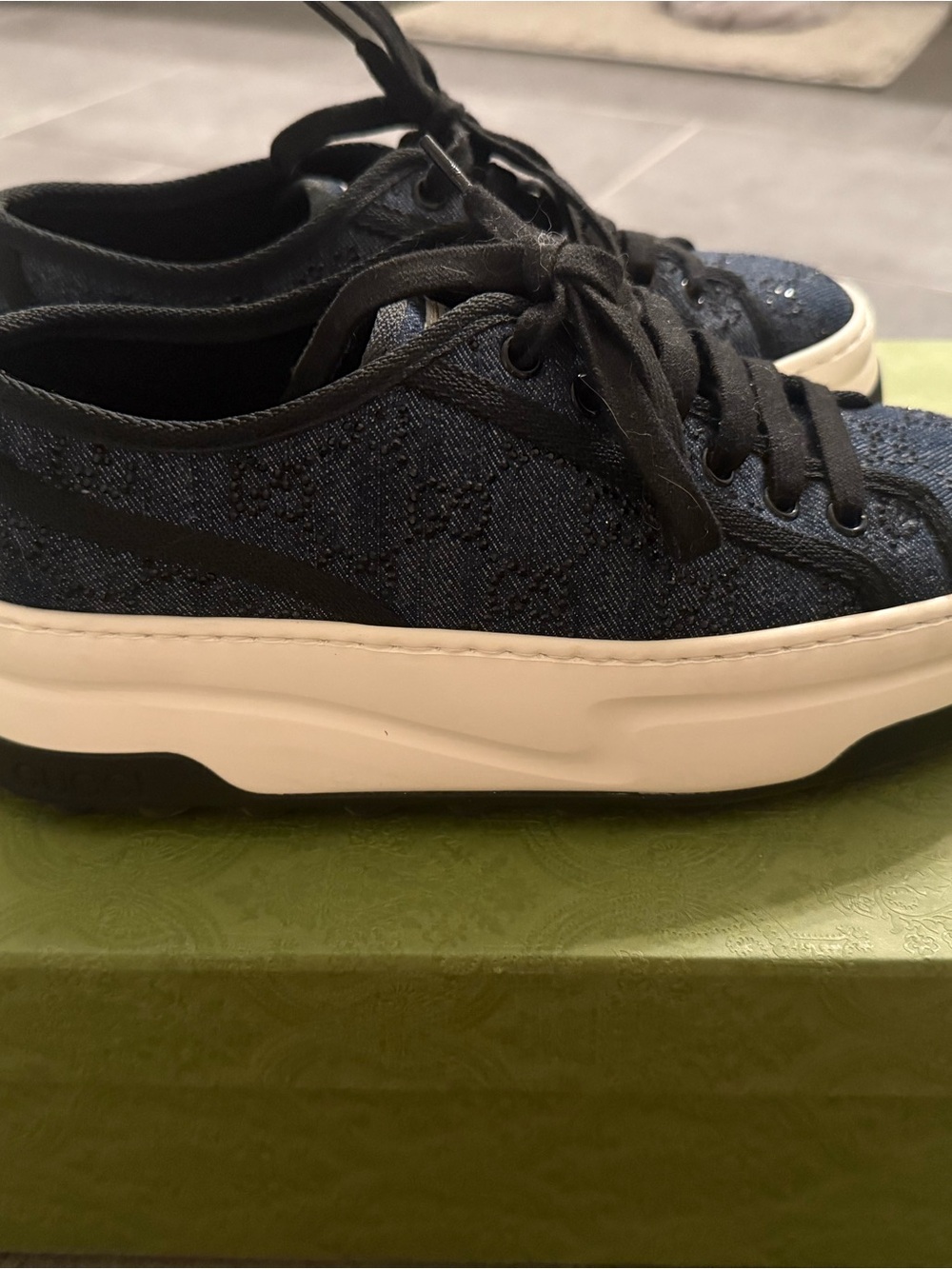 Gucci Denim crystal Lace Platform Sneakers - Picture 2 of 14